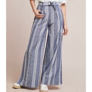 Anthropologie Women's Pants Beachy Wide Leg Stripe Linen Cotton Blue White 0